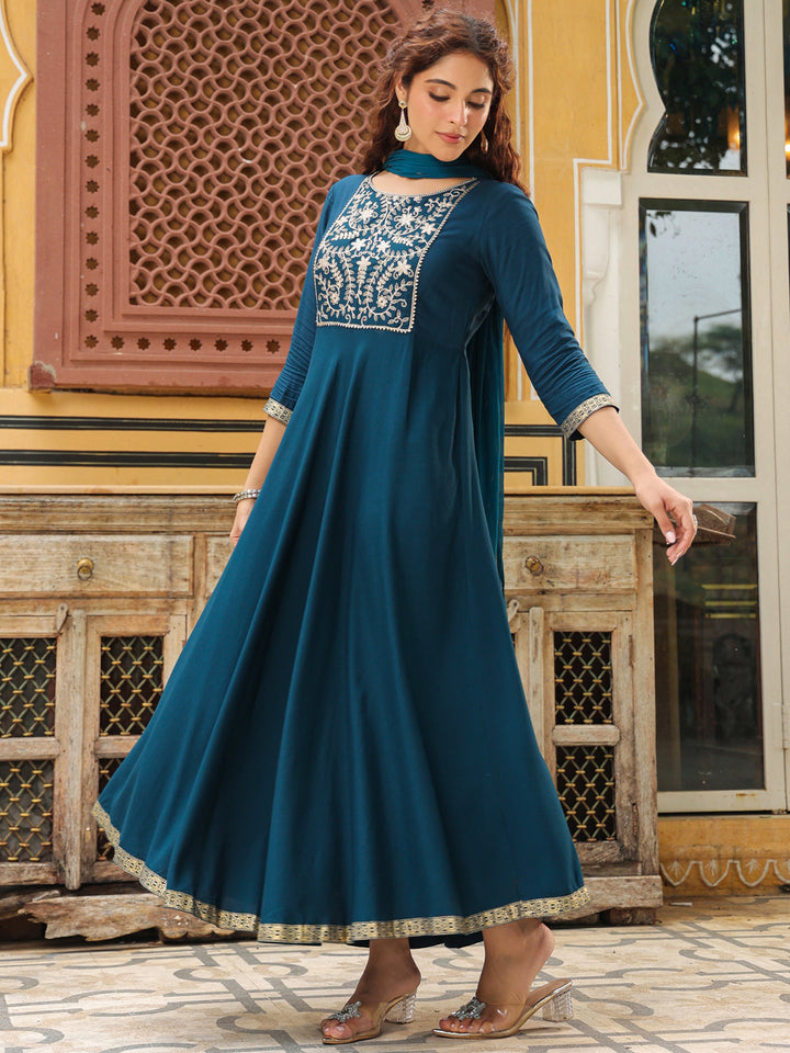 Teal Blue Rayon Yoke Embroidered Anarkali Kurta Set  - By Janasya