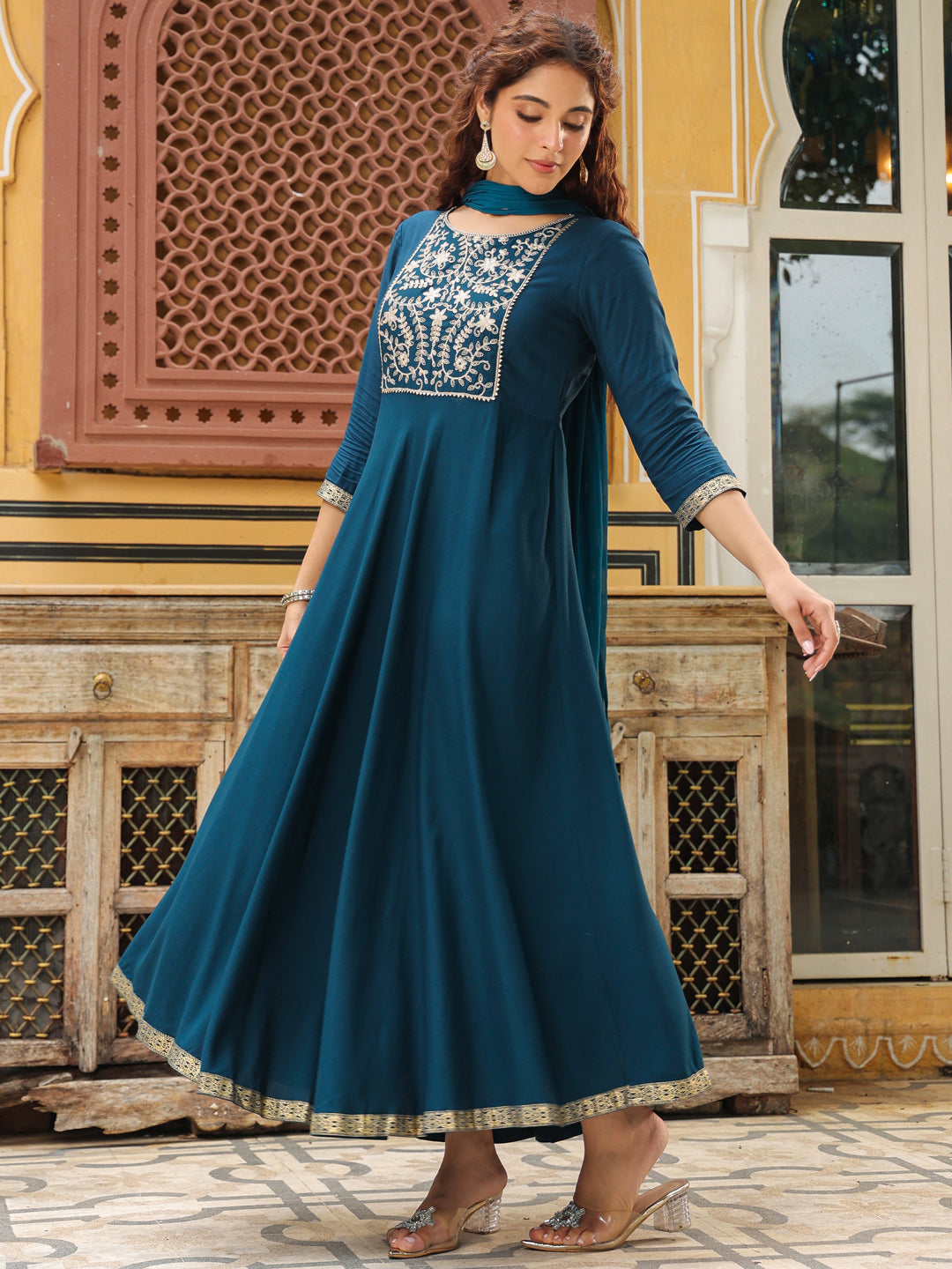 Teal Blue Rayon Yoke Embroidered Anarkali Kurta Set  - By Janasya