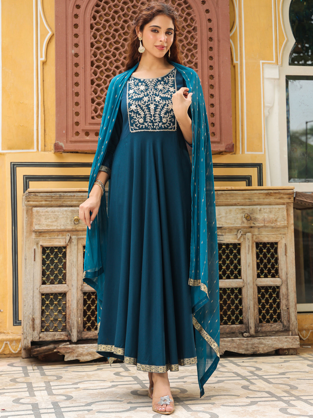 Teal Blue Rayon Yoke Embroidered Anarkali Kurta Set  - By Janasya