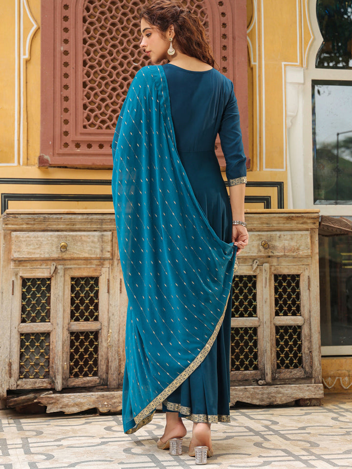 Teal Blue Rayon Yoke Embroidered Anarkali Kurta Set  - By Janasya