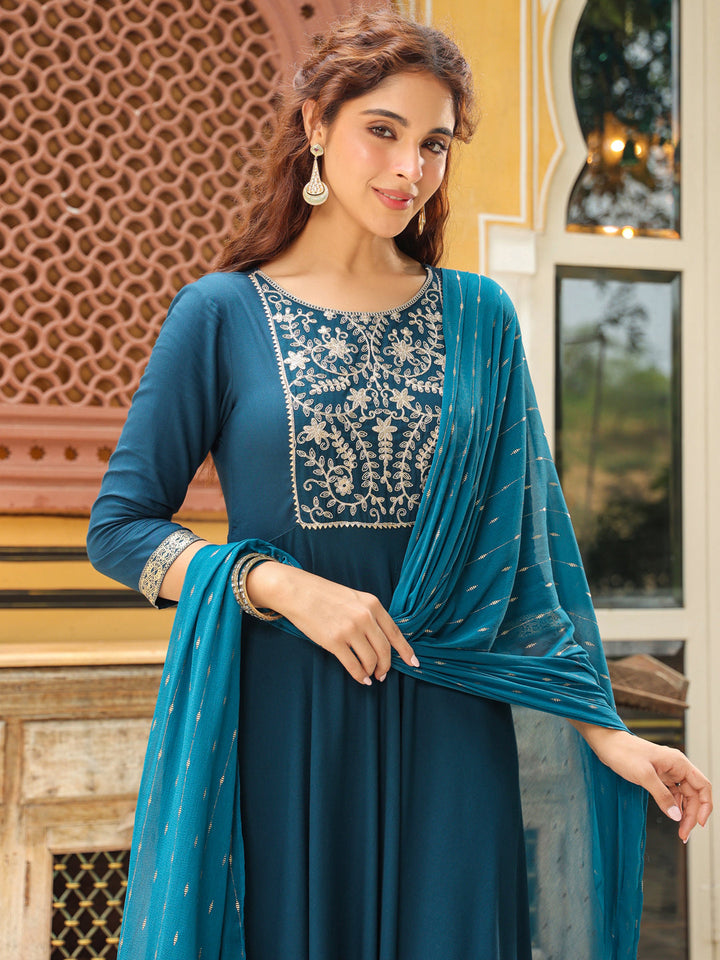 Teal Blue Rayon Yoke Embroidered Anarkali Kurta Set  - By Janasya