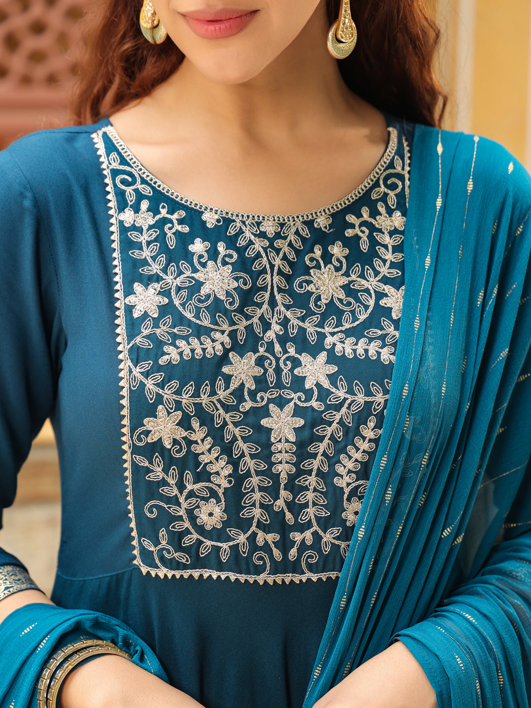 Teal Blue Rayon Yoke Embroidered Anarkali Kurta Set  - By Janasya