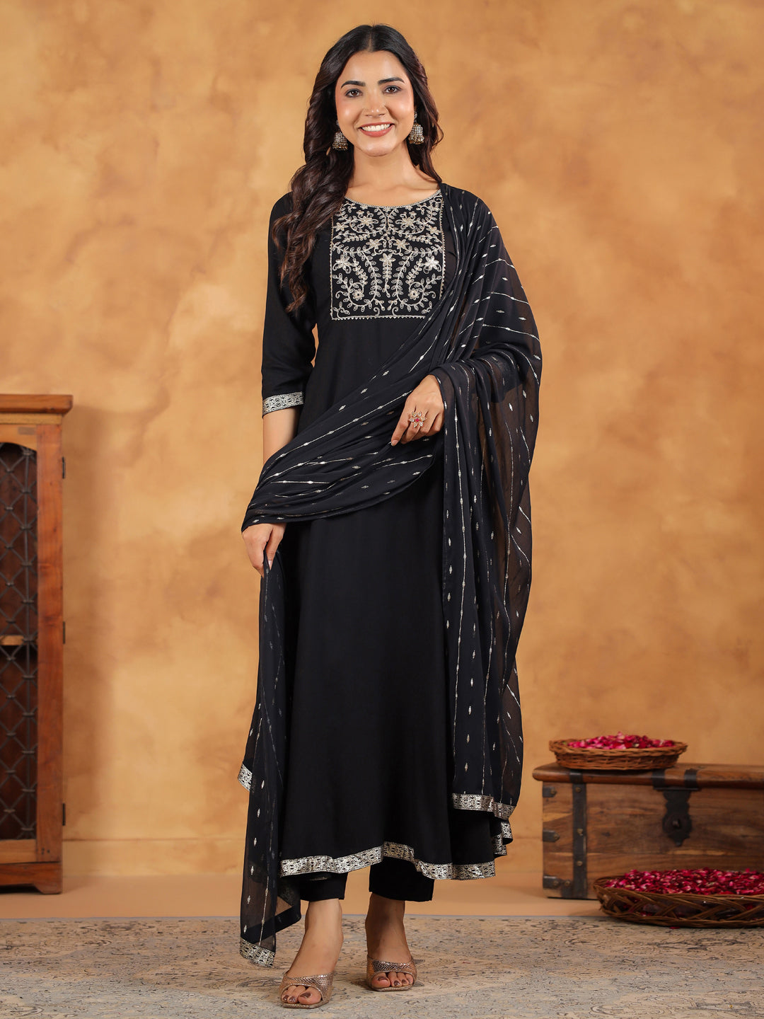 Black Rayon Zari Embroidered Anarkali Kurta Set  - By Janasya