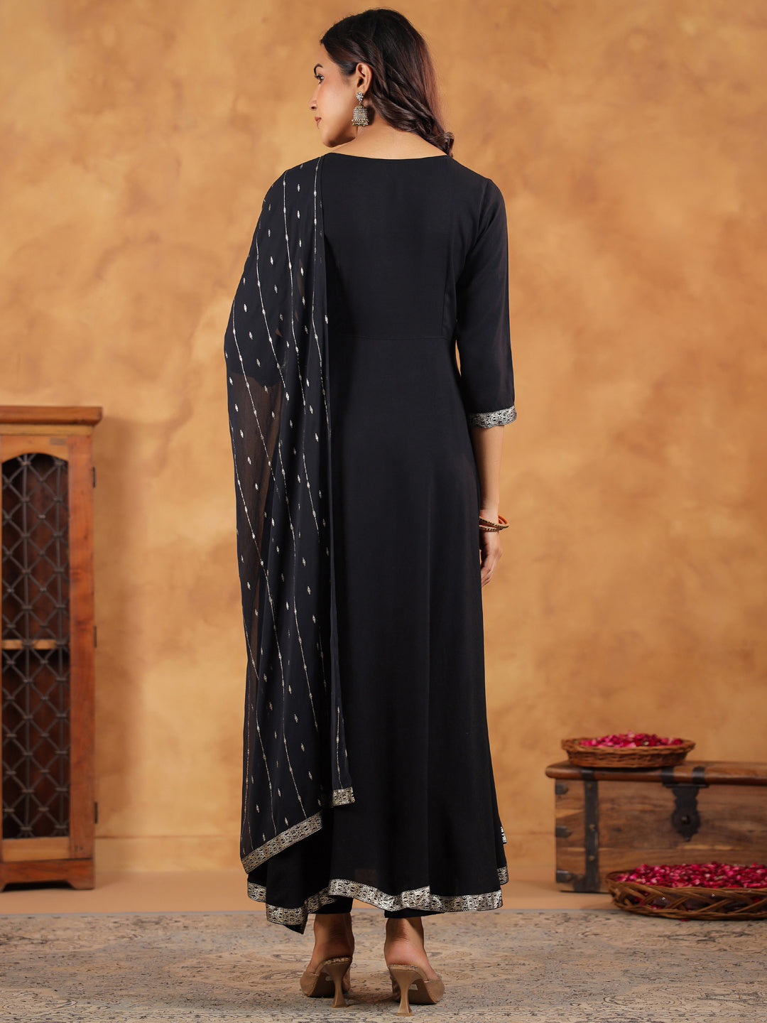 Black Rayon Zari Embroidered Anarkali Kurta Set  - By Janasya