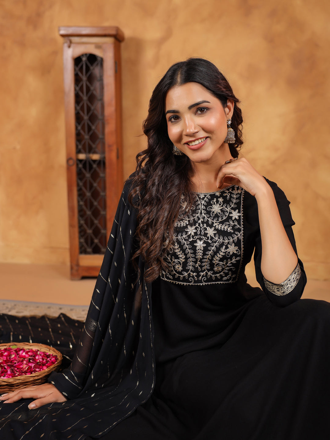 Black Rayon Zari Embroidered Anarkali Kurta Set  - By Janasya