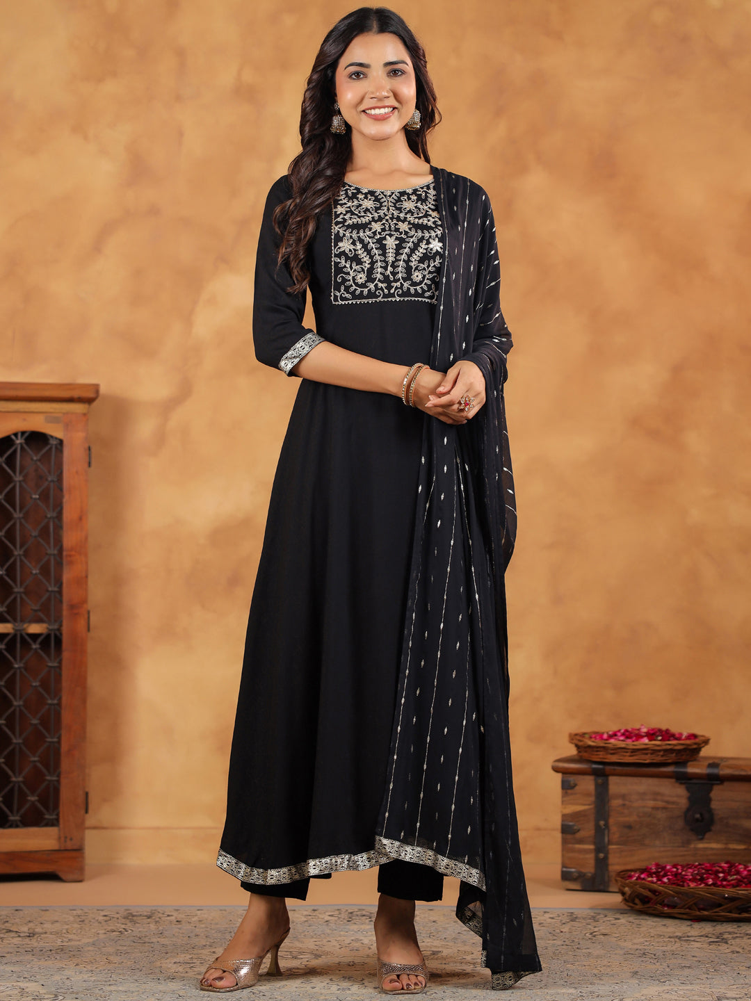 Black Rayon Zari Embroidered Anarkali Kurta Set  - By Janasya