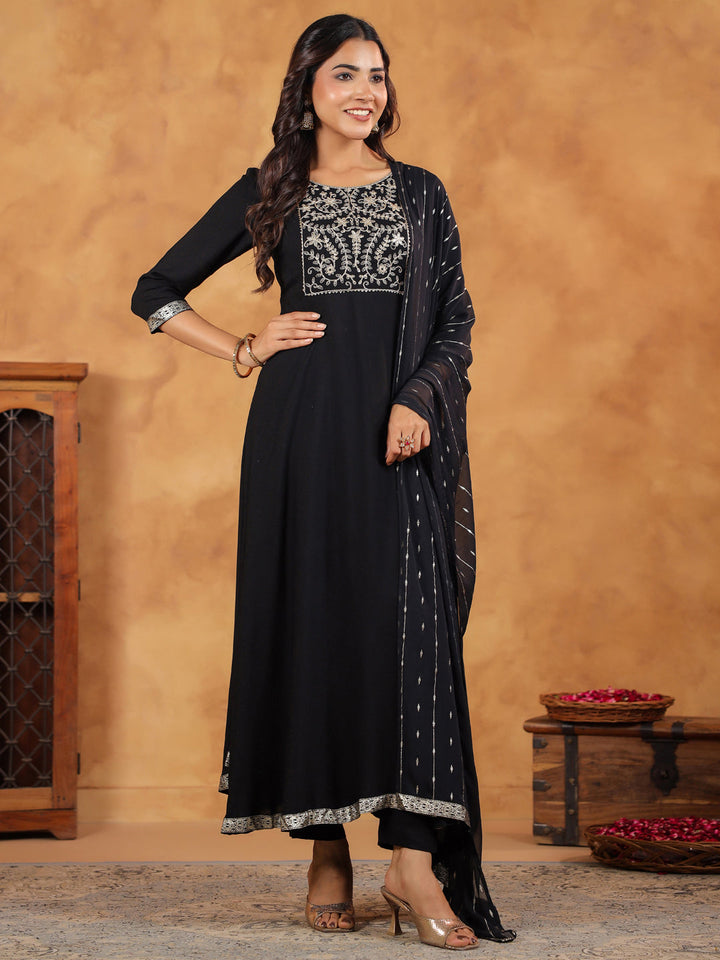 Black Rayon Zari Embroidered Anarkali Kurta Set  - By Janasya