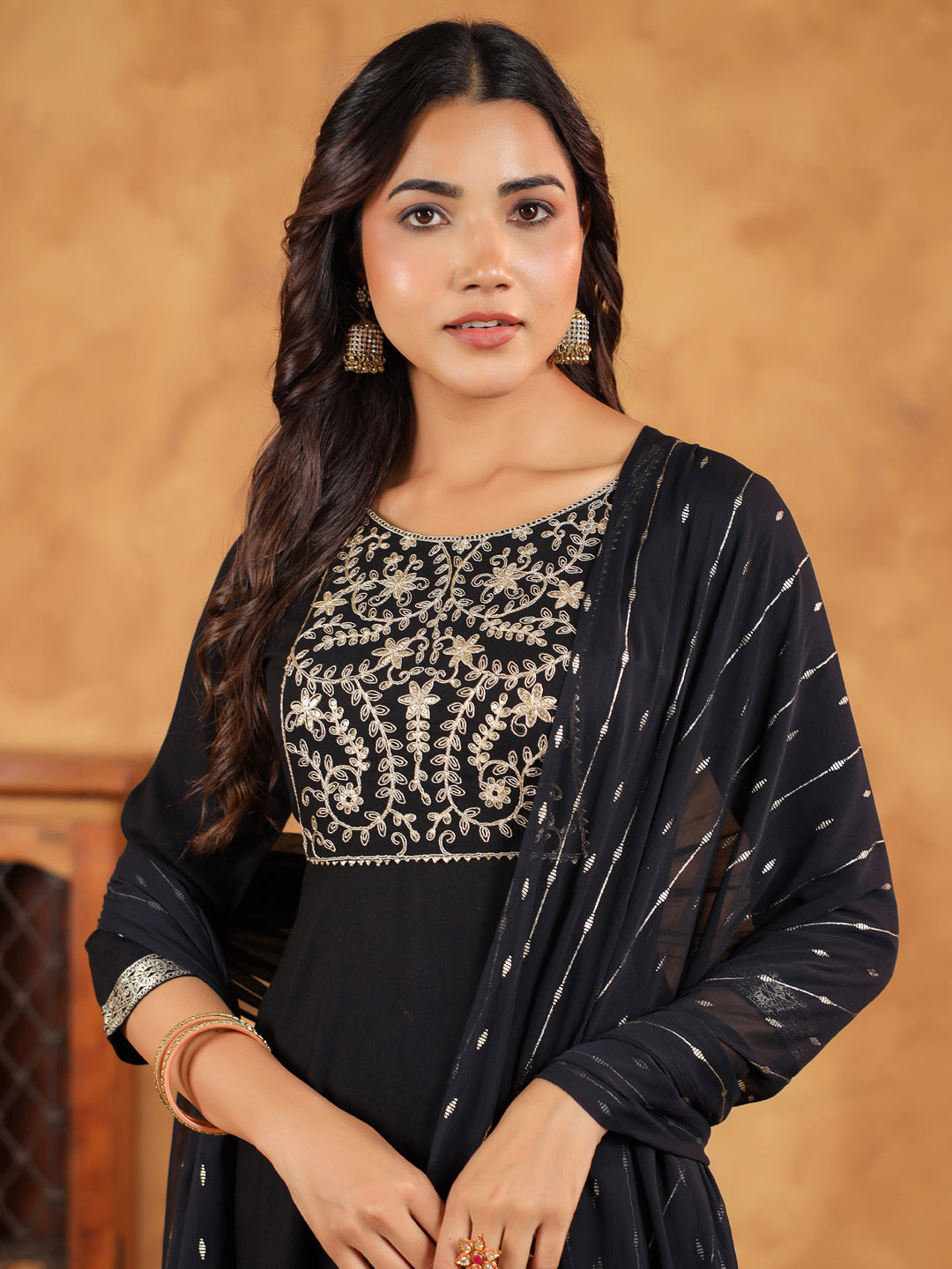 Black Rayon Zari Embroidered Anarkali Kurta Set  - By Janasya