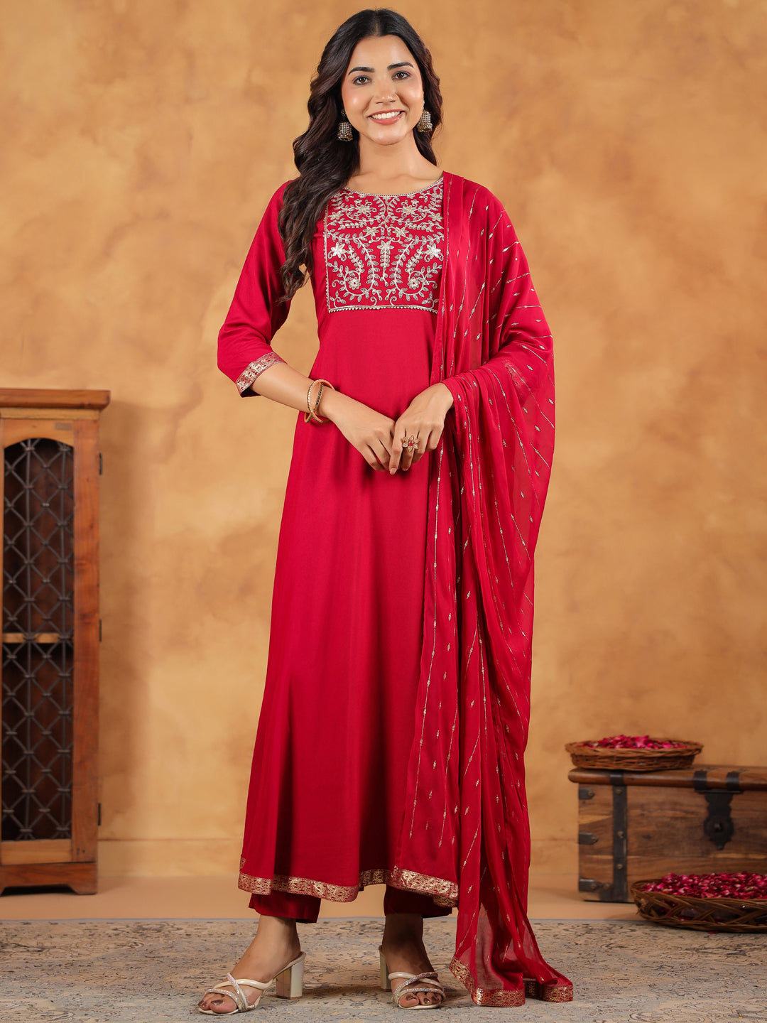 Pink Rayon Zari Embroidered Anarkali Kurta Set  - By Janasya