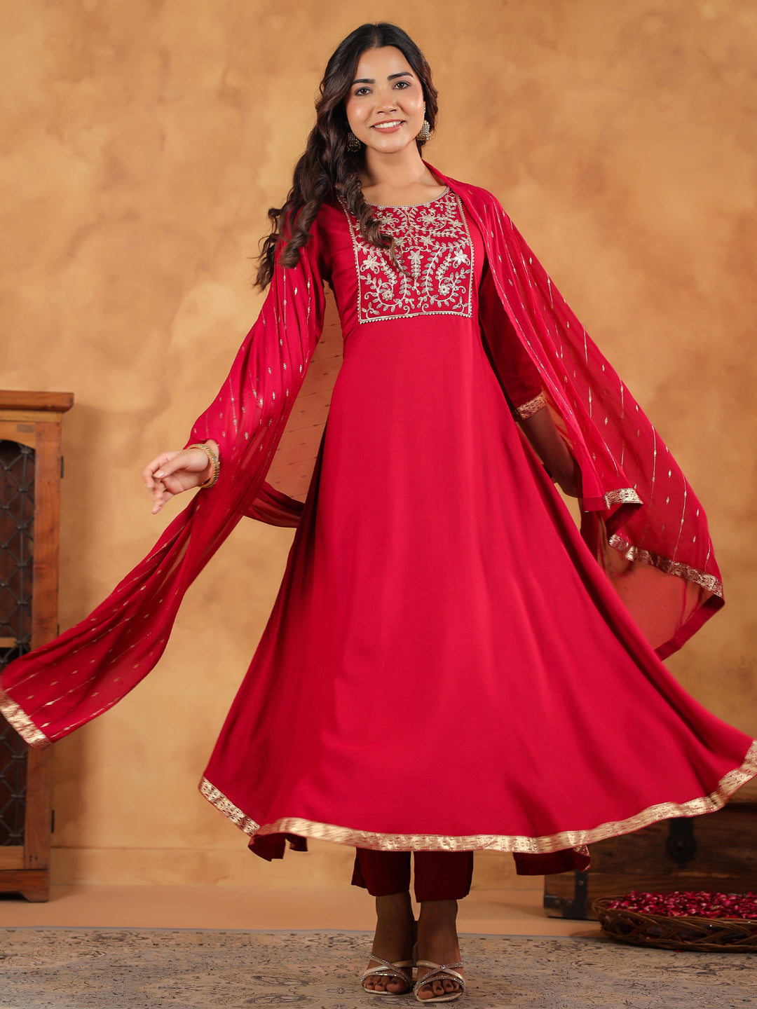 Pink Rayon Zari Embroidered Anarkali Kurta Set  - By Janasya