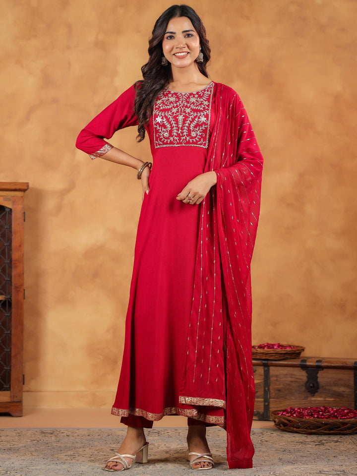 Pink Rayon Zari Embroidered Anarkali Kurta Set  - By Janasya