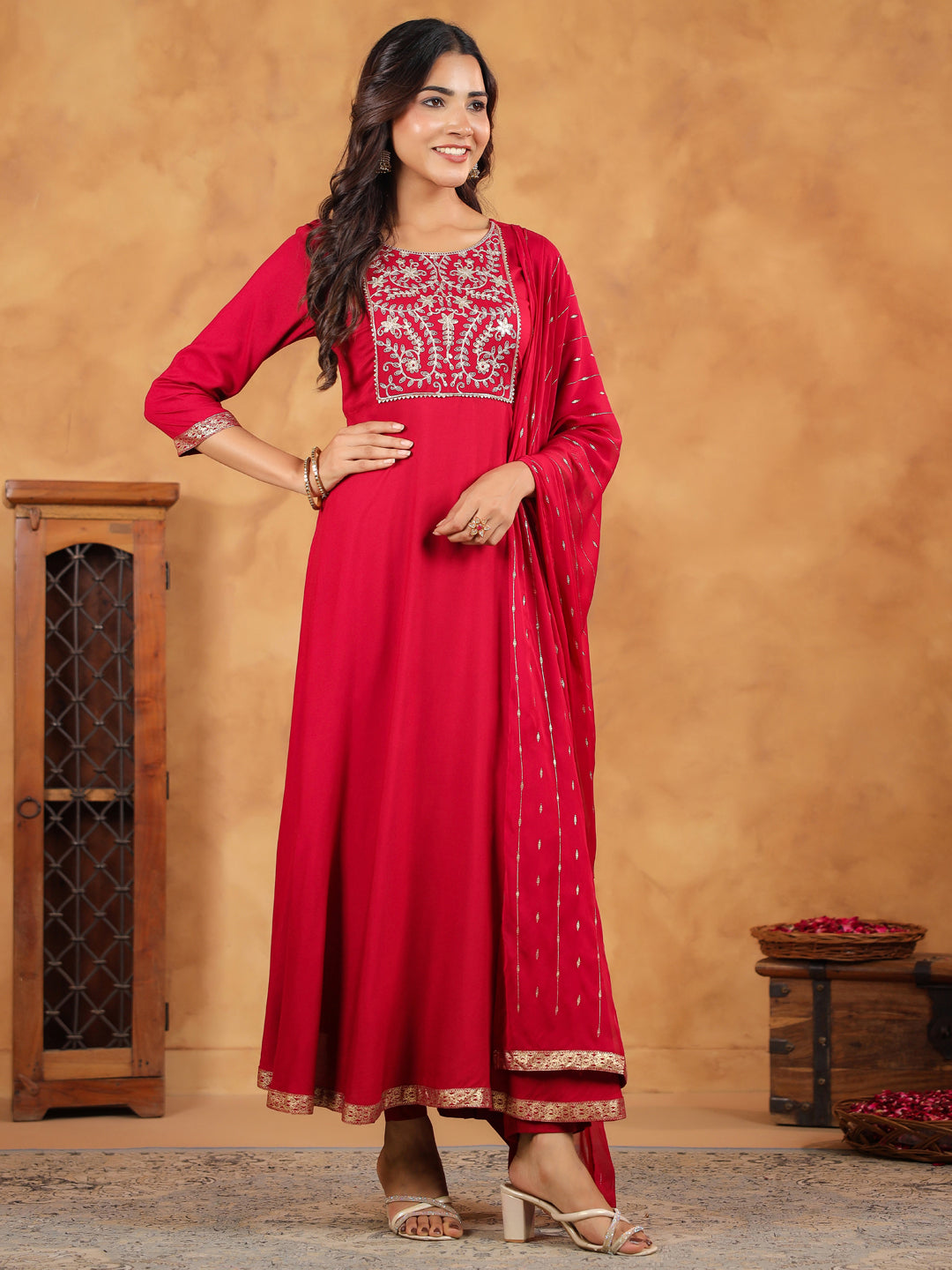 Pink Rayon Zari Embroidered Anarkali Kurta Set  - By Janasya