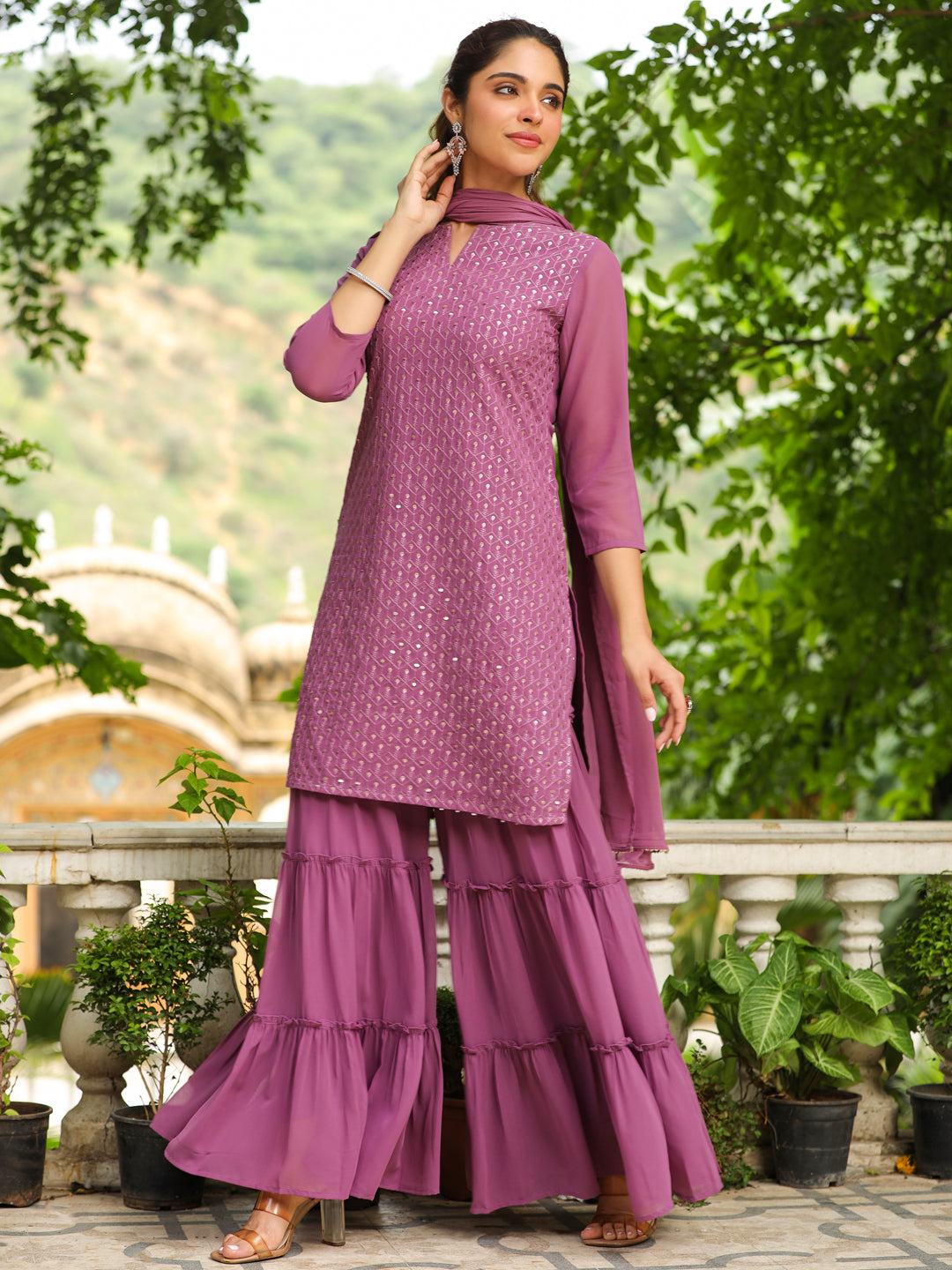 Lavender Georgette Embroidered Straight Sharara Kurta Set  - By Janasya