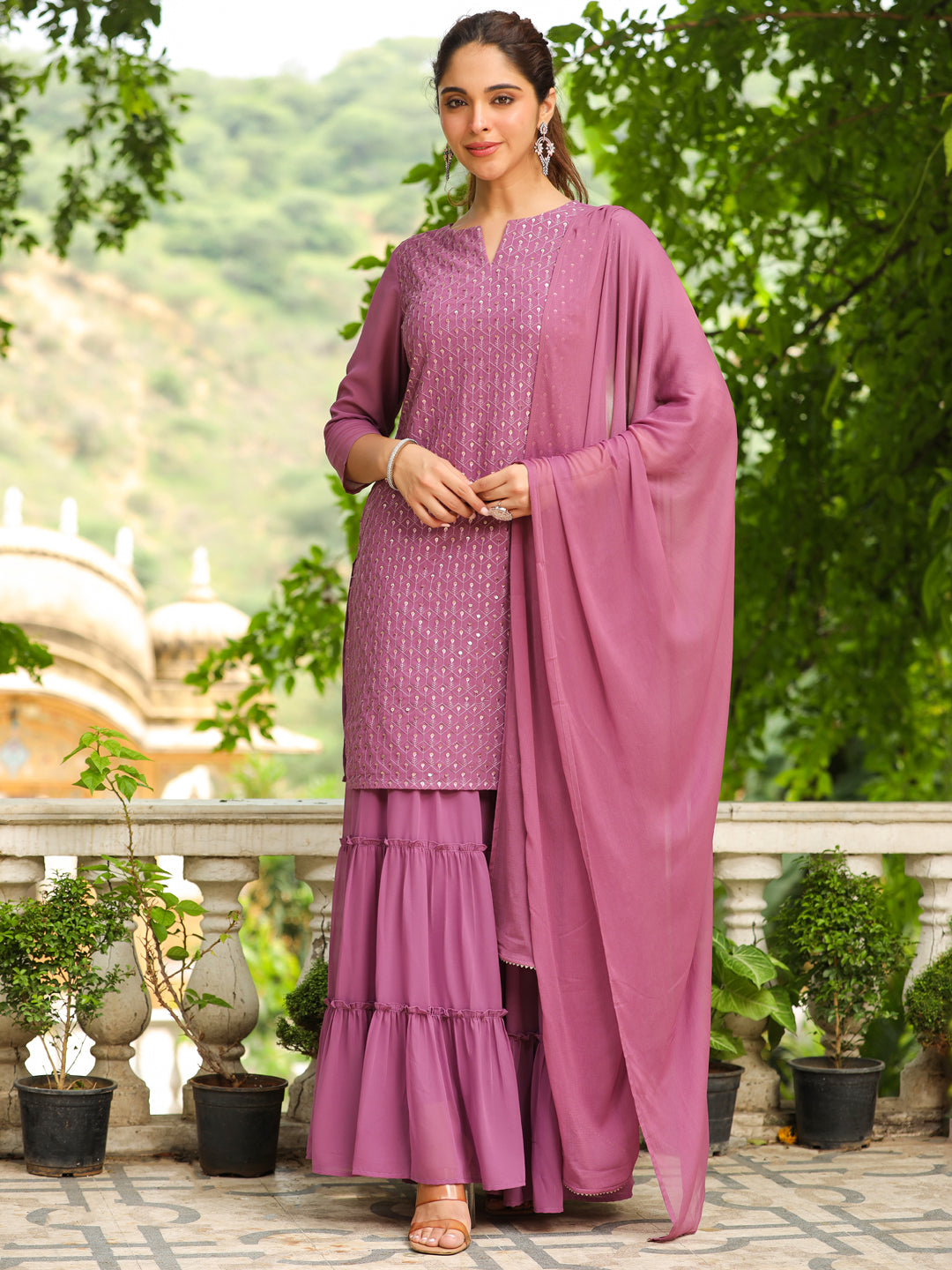 Lavender Georgette Embroidered Straight Sharara Kurta Set  - By Janasya