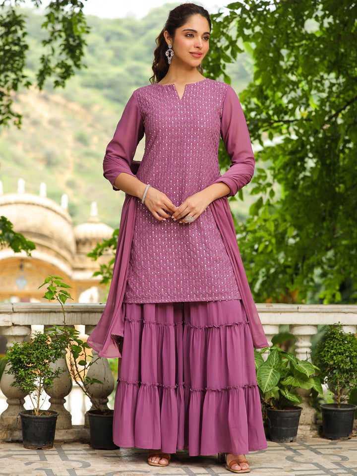 Lavender Georgette Embroidered Straight Sharara Kurta Set  - By Janasya