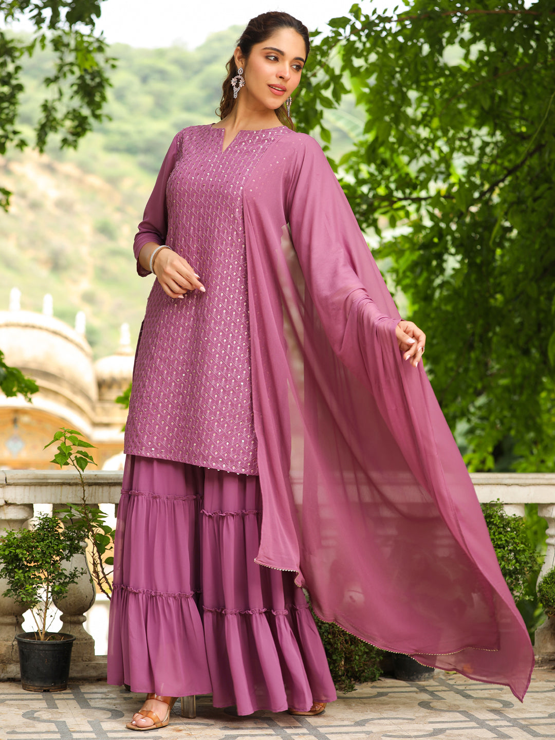 Lavender Georgette Embroidered Straight Sharara Kurta Set  - By Janasya