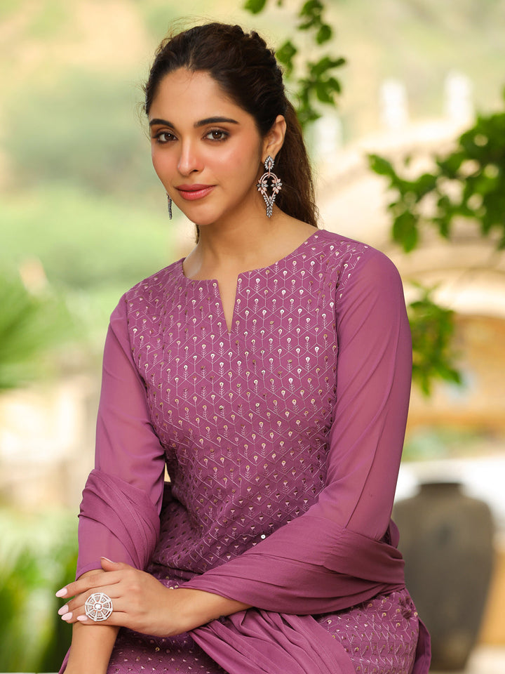 Lavender Georgette Embroidered Straight Sharara Kurta Set  - By Janasya