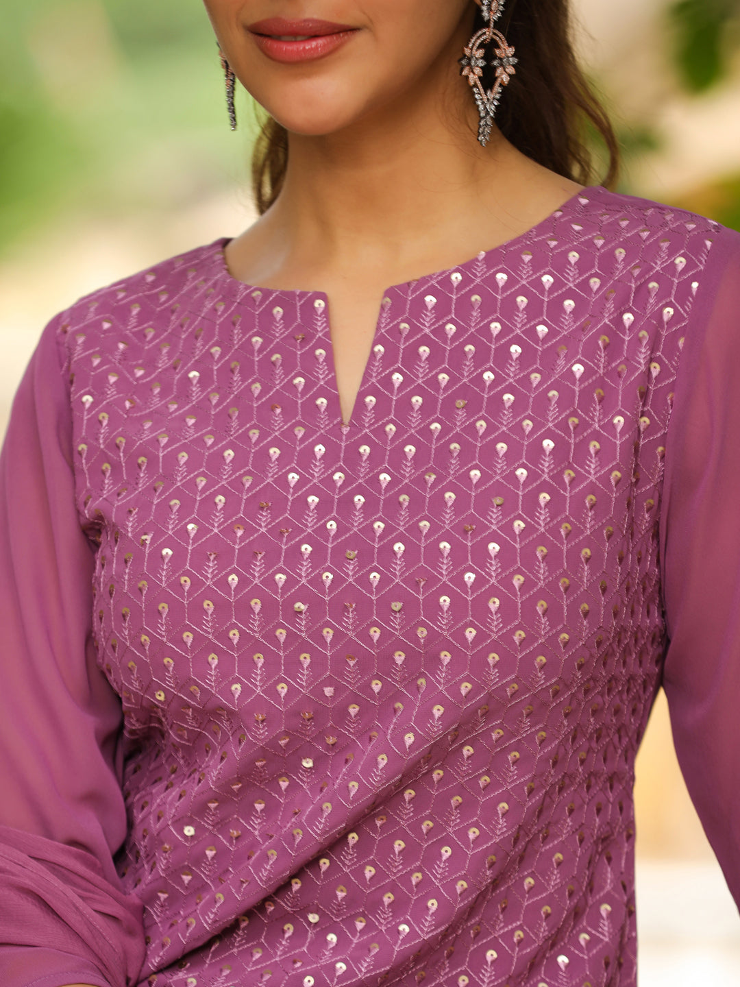 Lavender Georgette Embroidered Straight Sharara Kurta Set  - By Janasya