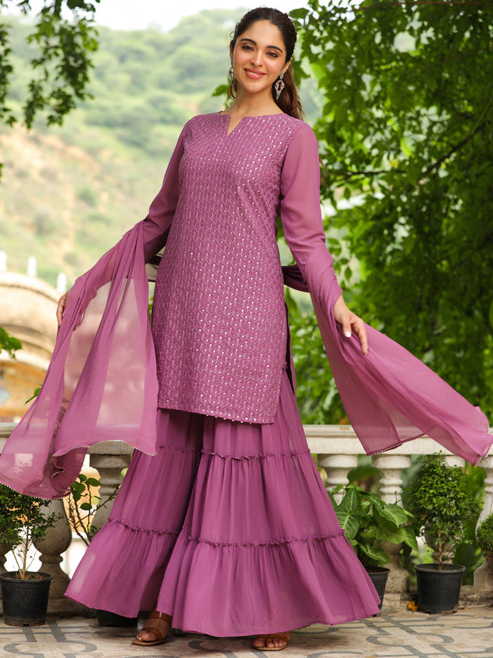 Lavender Georgette Embroidered Straight Sharara Kurta Set  - By Janasya