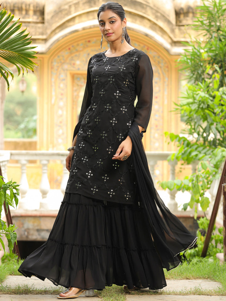 Black Georgette Embroidered Straight Kurta With Sharara Set  - By Janasya