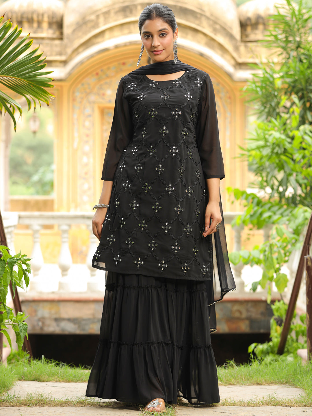 Black Georgette Embroidered Straight Kurta With Sharara Set  - By Janasya