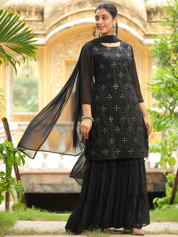 Black Georgette Embroidered Straight Kurta With Sharara Set  - By Janasya