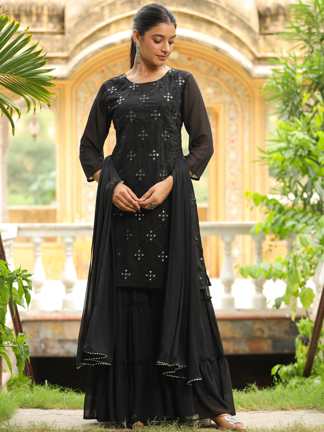 Black Georgette Embroidered Straight Kurta With Sharara Set  - By Janasya