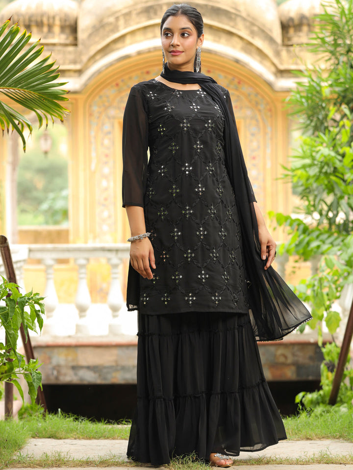 Black Georgette Embroidered Straight Kurta With Sharara Set  - By Janasya