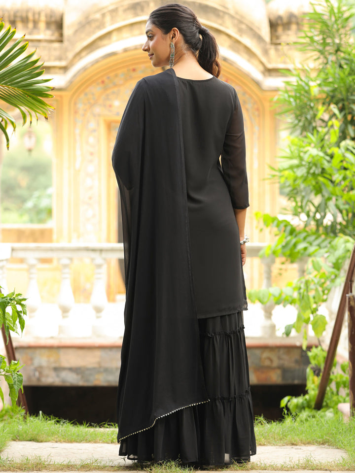 Black Georgette Embroidered Straight Kurta With Sharara Set  - By Janasya