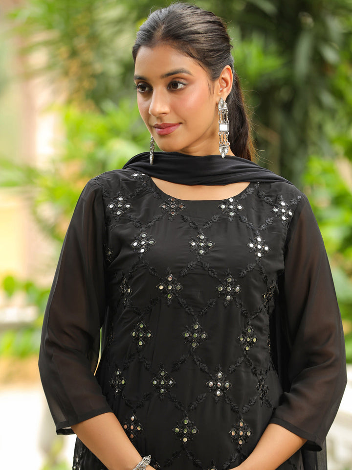 Black Georgette Embroidered Straight Kurta With Sharara Set  - By Janasya