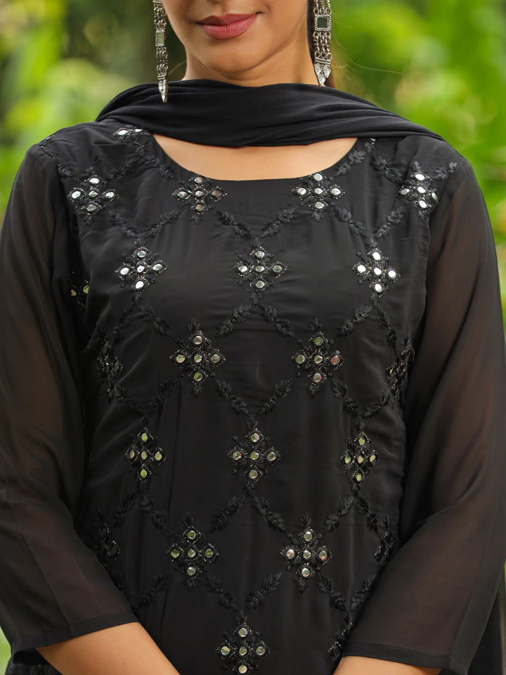 Black Georgette Embroidered Straight Kurta With Sharara Set  - By Janasya