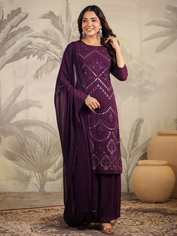 Purple Georgette Mirror Work Embroidered Straight Kurta With Palazzo Set  - By Janasya