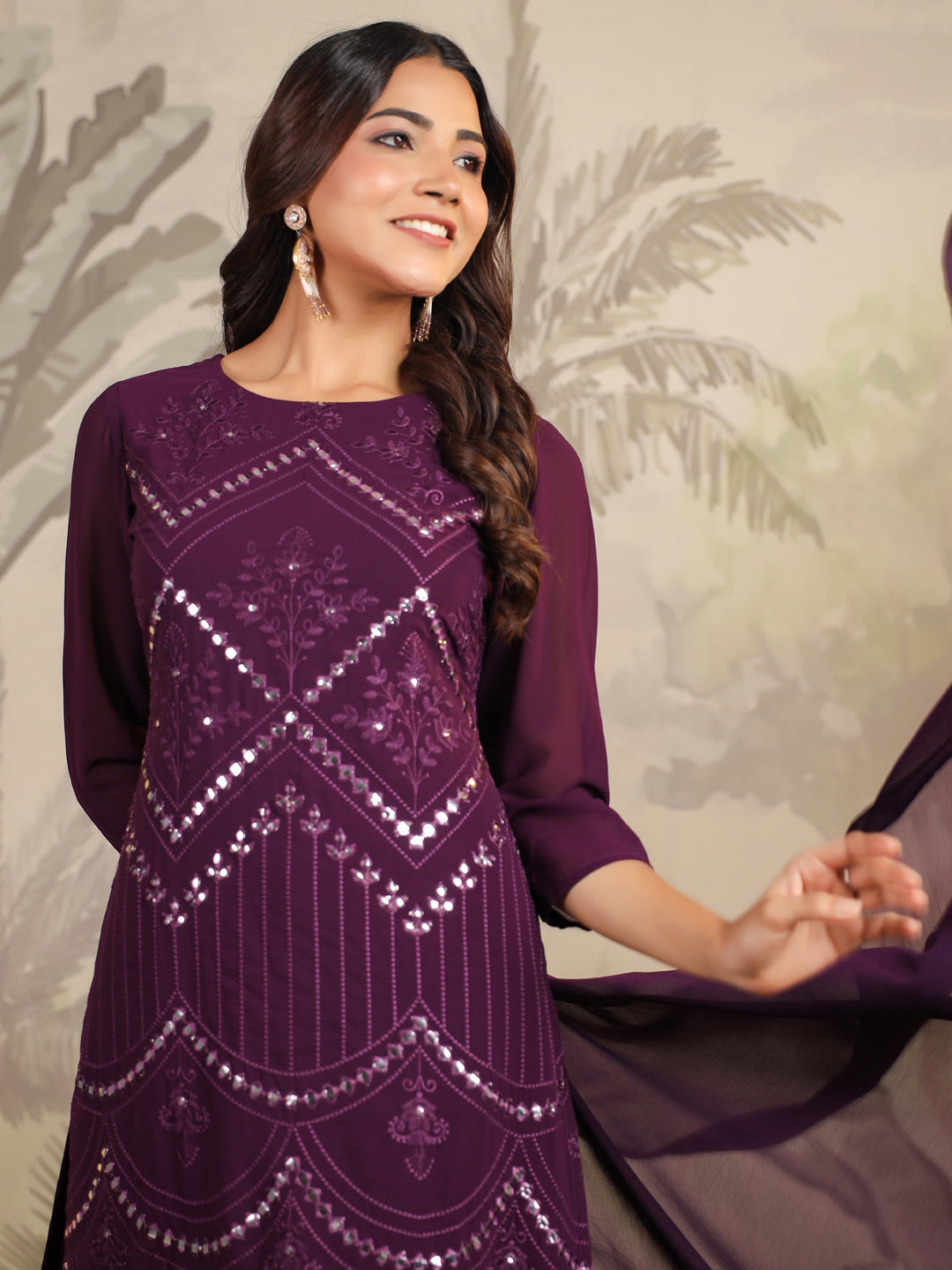 Purple Georgette Mirror Work Embroidered Straight Kurta With Palazzo Set  - By Janasya