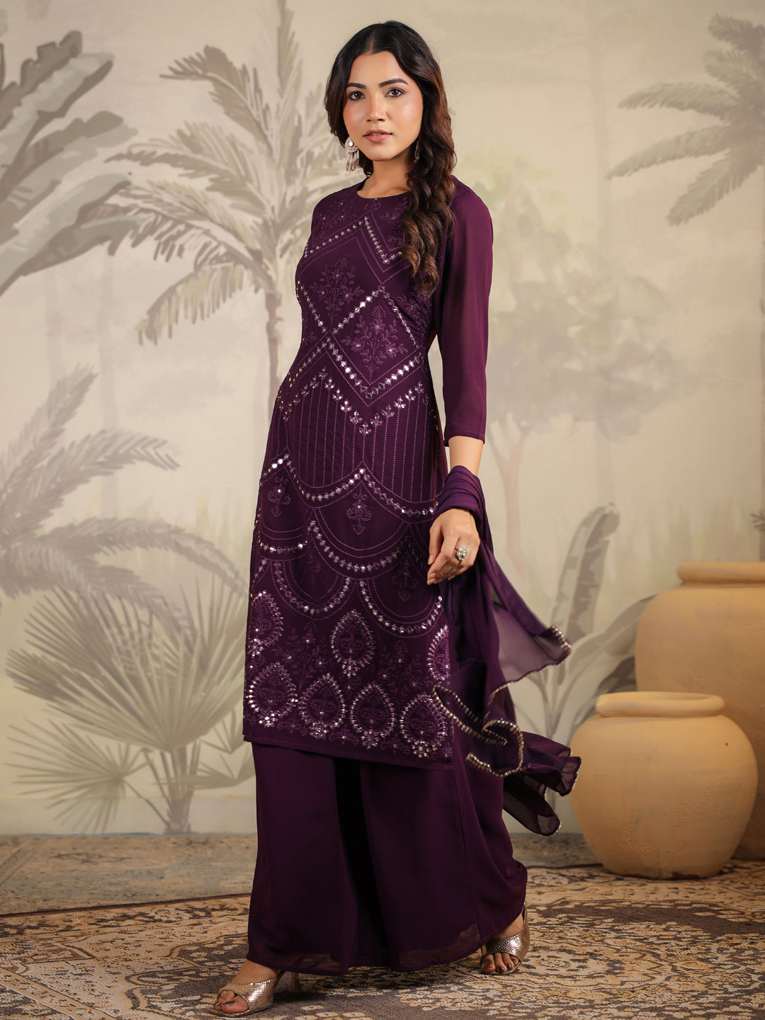 Purple Georgette Mirror Work Embroidered Straight Kurta With Palazzo Set  - By Janasya