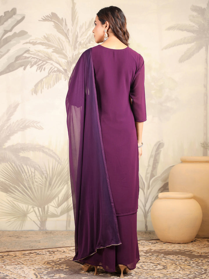 Purple Georgette Mirror Work Embroidered Straight Kurta With Palazzo Set  - By Janasya