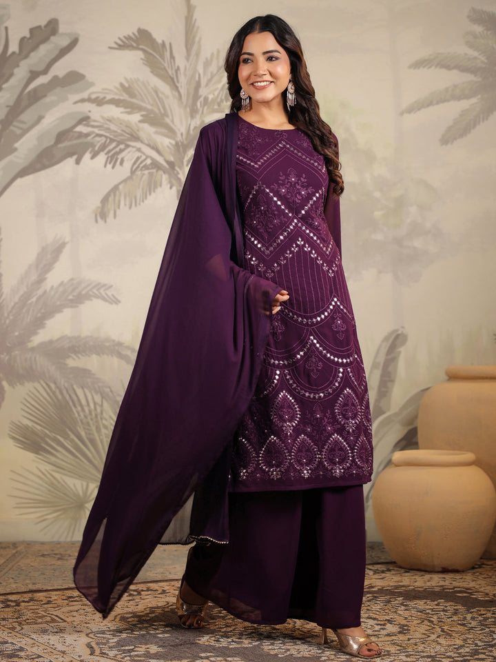 Purple Georgette Mirror Work Embroidered Straight Kurta With Palazzo Set  - By Janasya