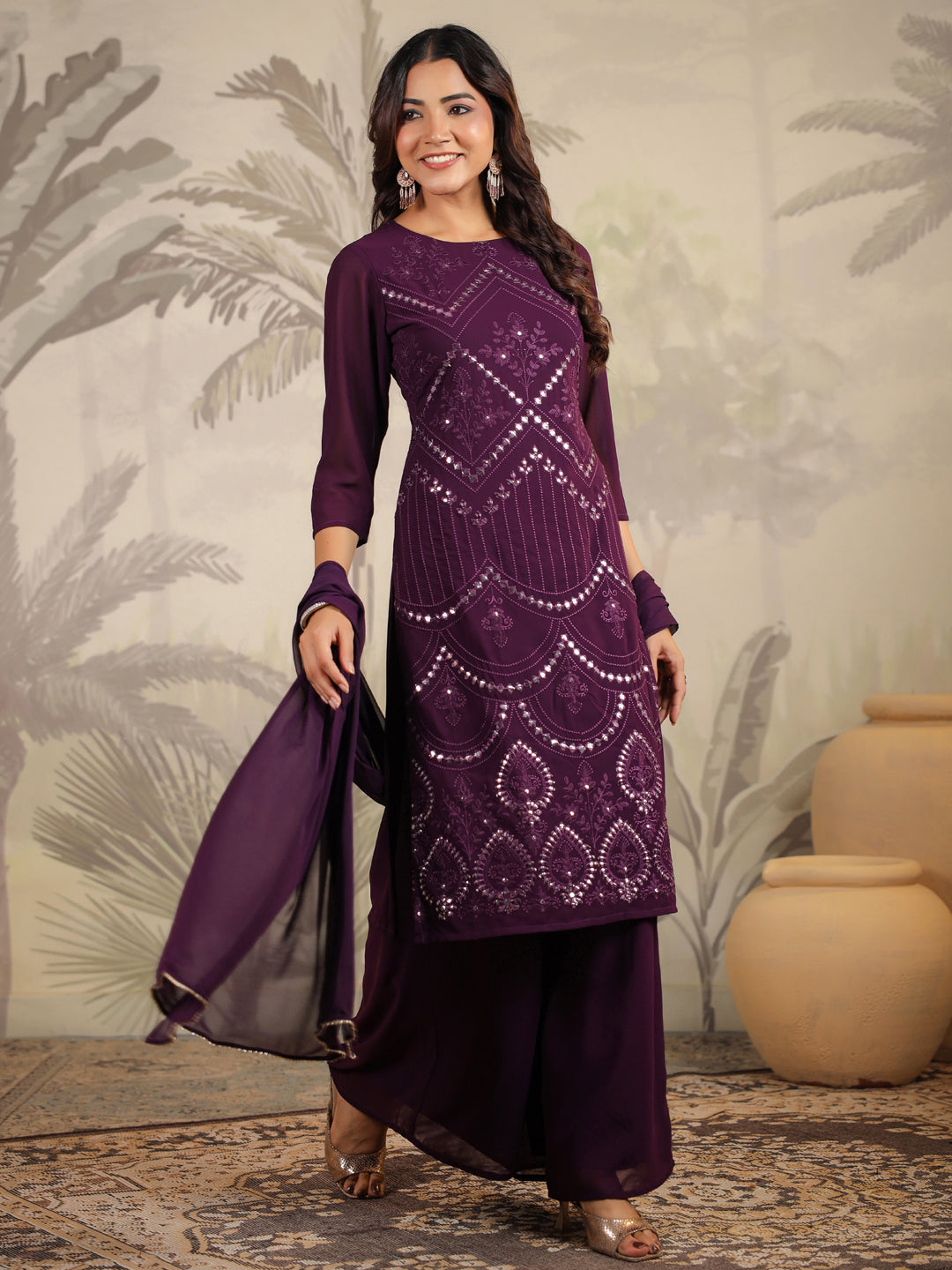 Purple Georgette Mirror Work Embroidered Straight Kurta With Palazzo Set  - By Janasya