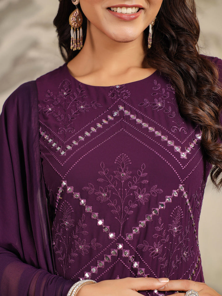 Purple Georgette Mirror Work Embroidered Straight Kurta With Palazzo Set  - By Janasya