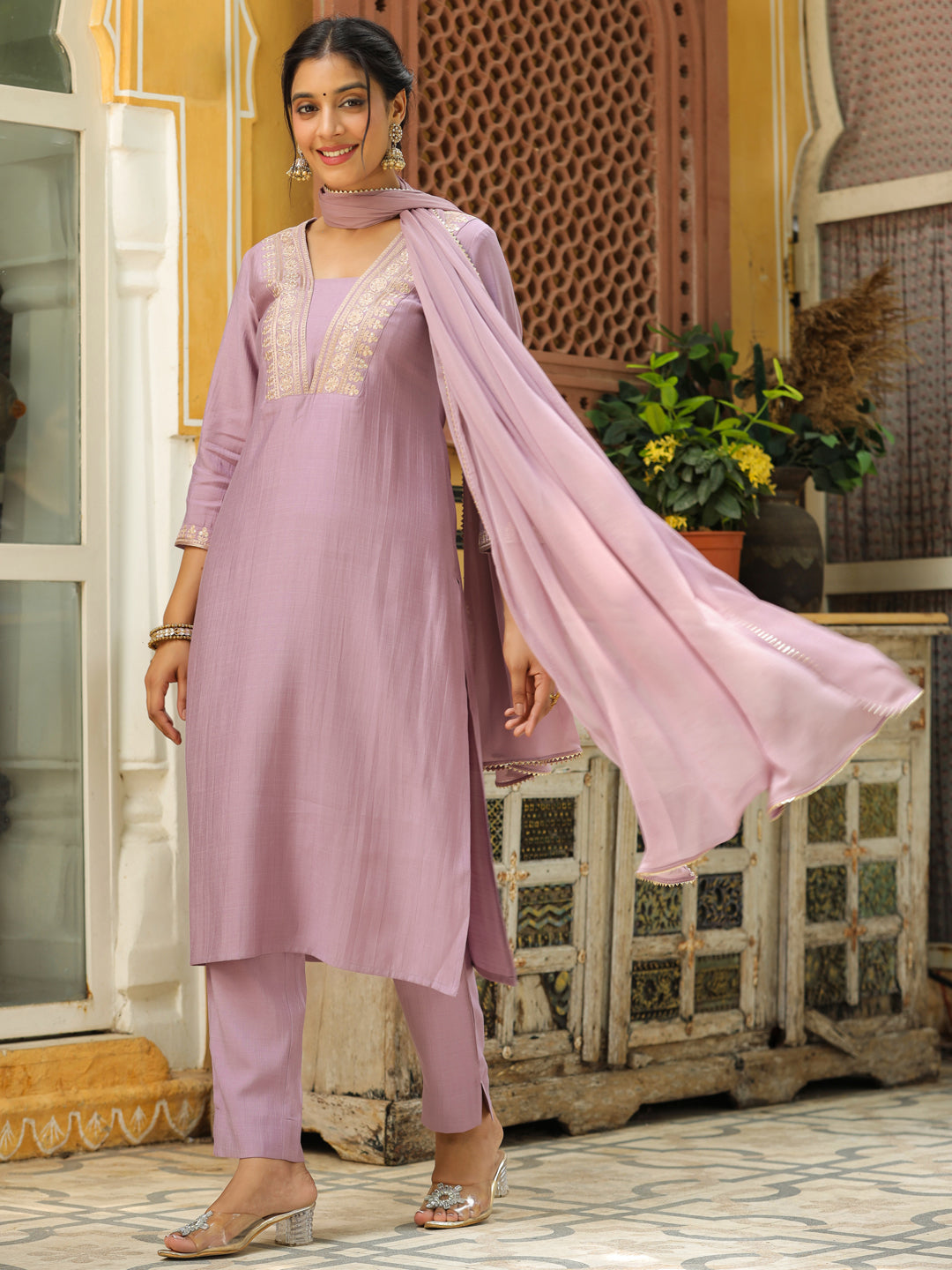 Lavender Silk Blend Yoke Embroidery Straight Kurta Set  - By Janasya