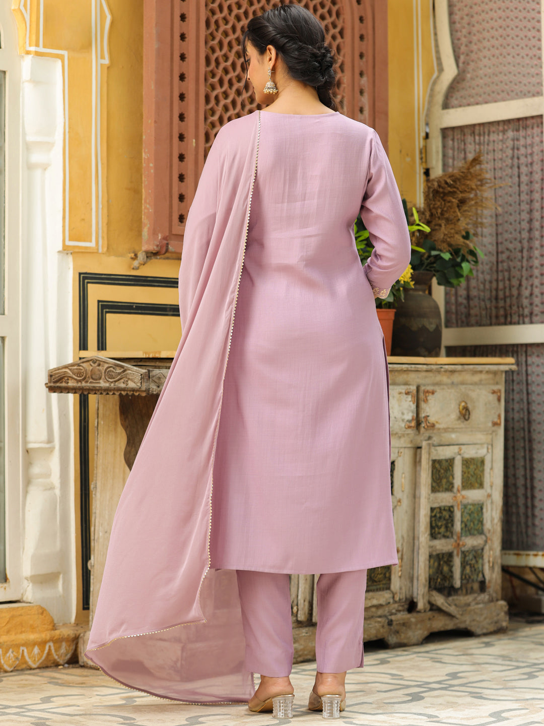 Lavender Silk Blend Yoke Embroidery Straight Kurta Set  - By Janasya