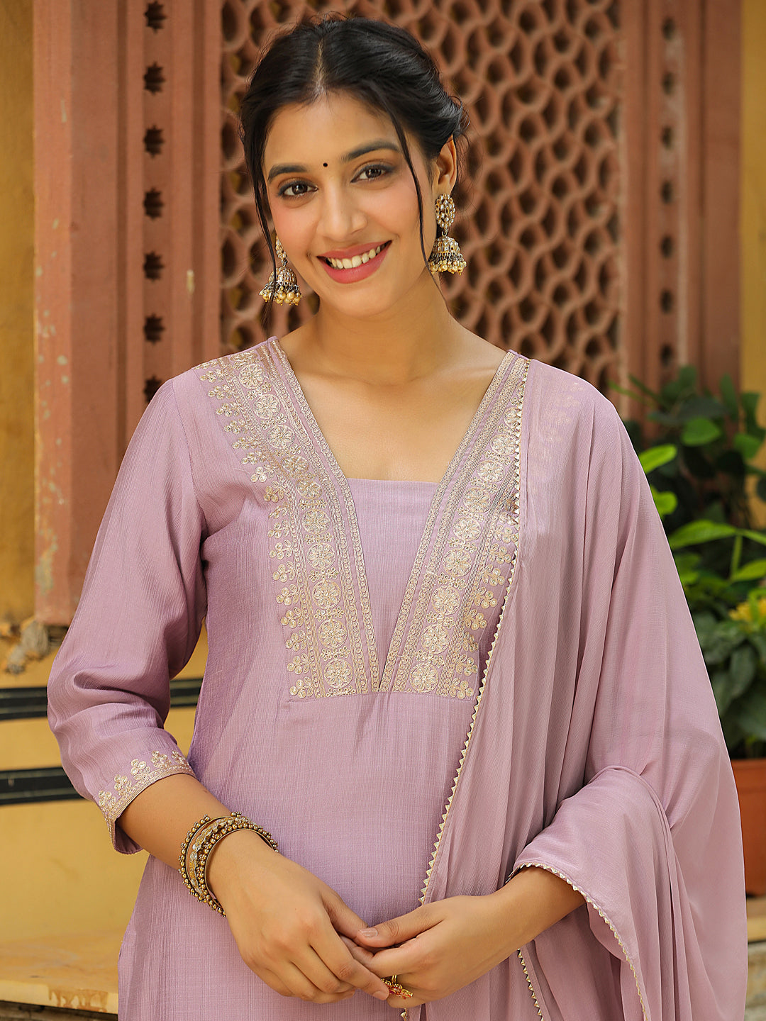 Lavender Silk Blend Yoke Embroidery Straight Kurta Set  - By Janasya