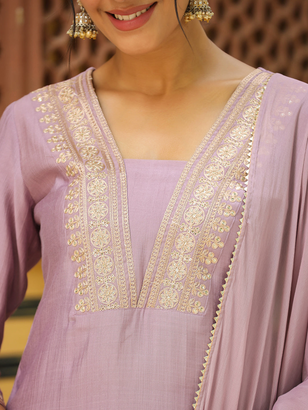 Lavender Silk Blend Yoke Embroidery Straight Kurta Set  - By Janasya