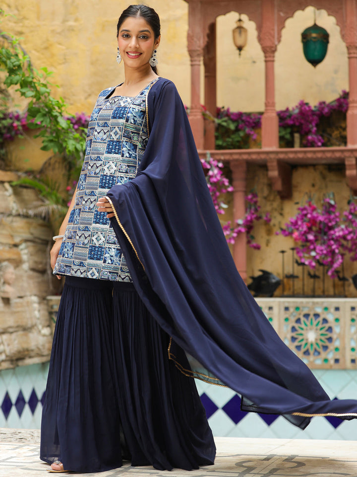 Navy Blue Georgette Embroidered Straight Kurta Set  - By Janasya