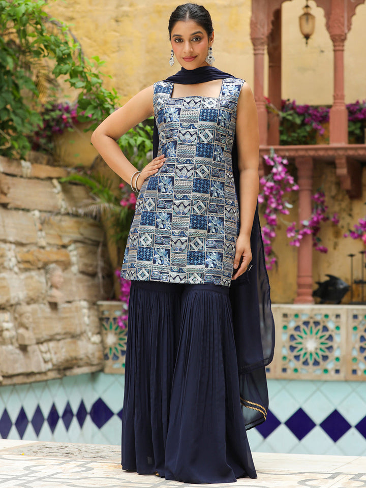 Navy Blue Georgette Embroidered Straight Kurta Set  - By Janasya