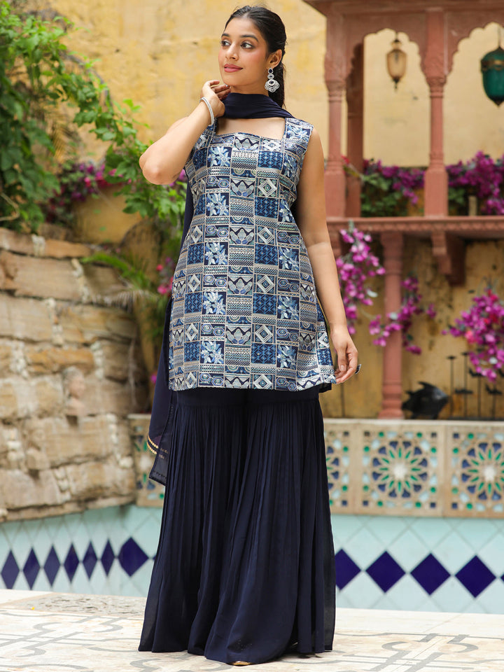 Navy Blue Georgette Embroidered Straight Kurta Set  - By Janasya