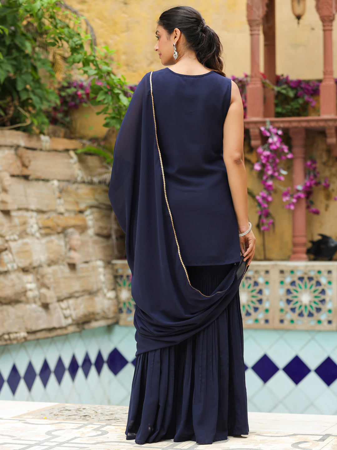 Navy Blue Georgette Embroidered Straight Kurta Set  - By Janasya