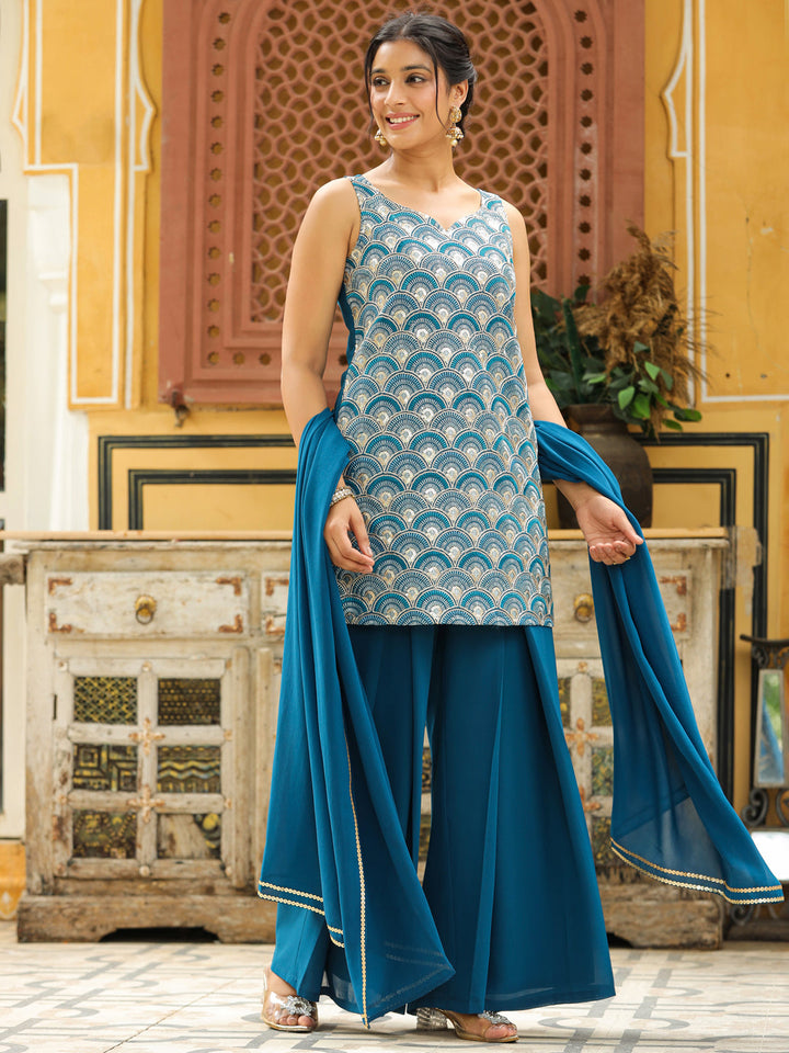 Teal Georgette Embroidered Straight Kurta with Sharara & Dupatta Set  - By Janasya