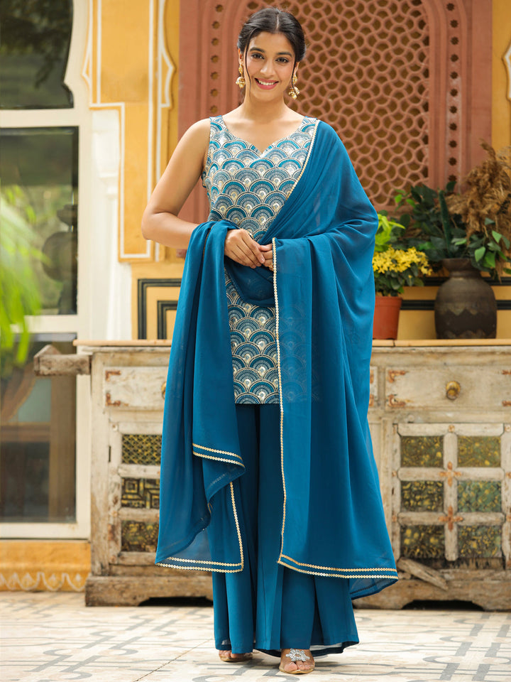 Teal Georgette Embroidered Straight Kurta with Sharara & Dupatta Set  - By Janasya