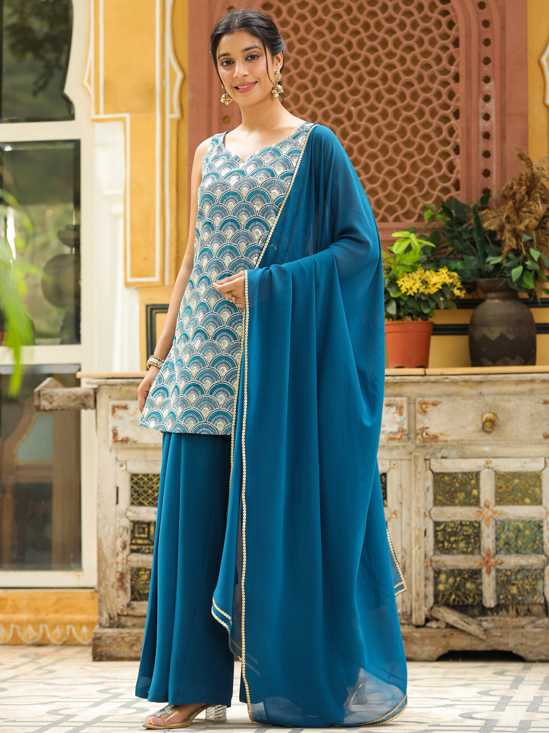 Teal Georgette Embroidered Straight Kurta with Sharara & Dupatta Set  - By Janasya