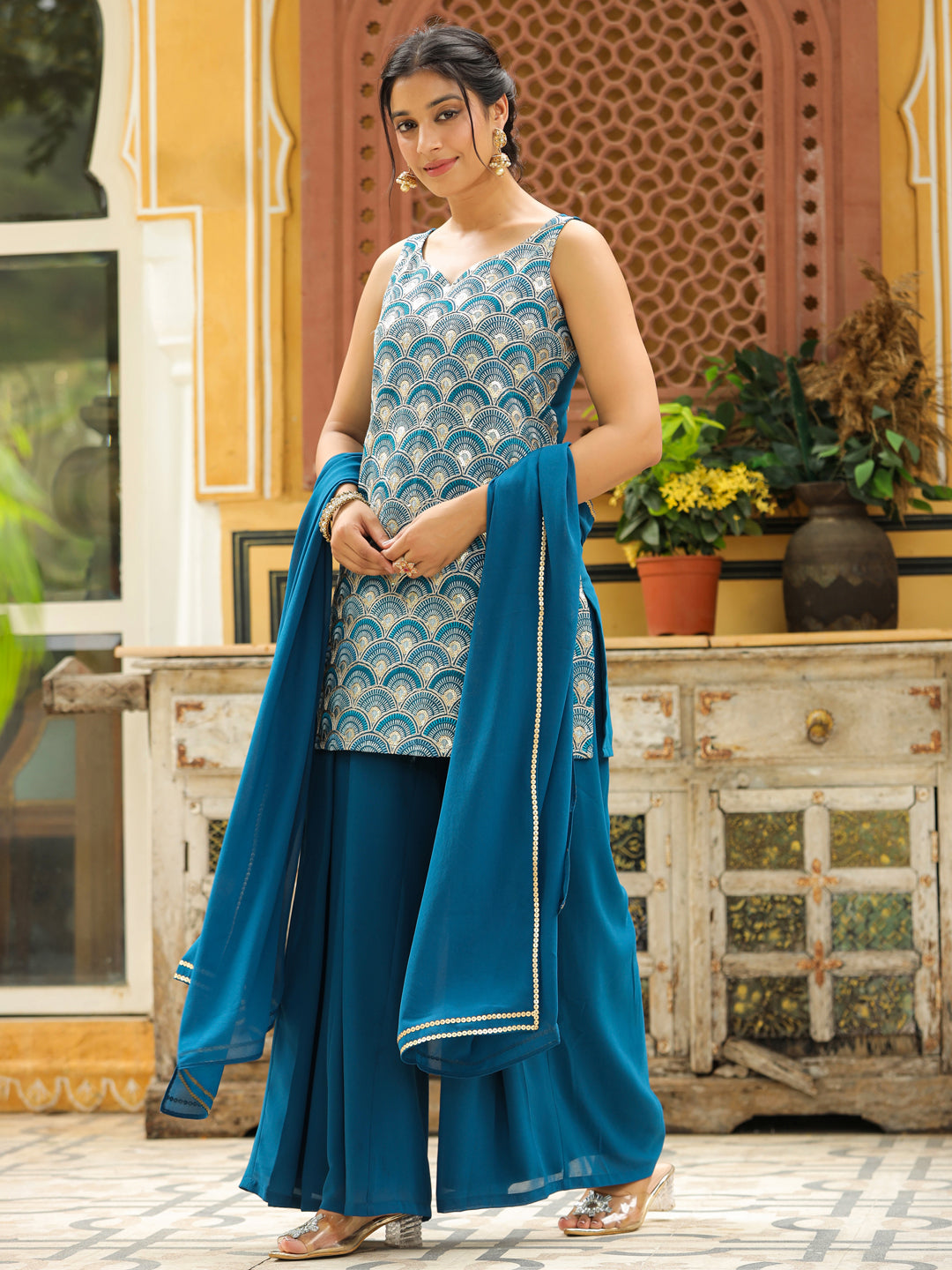 Teal Georgette Embroidered Straight Kurta with Sharara & Dupatta Set  - By Janasya